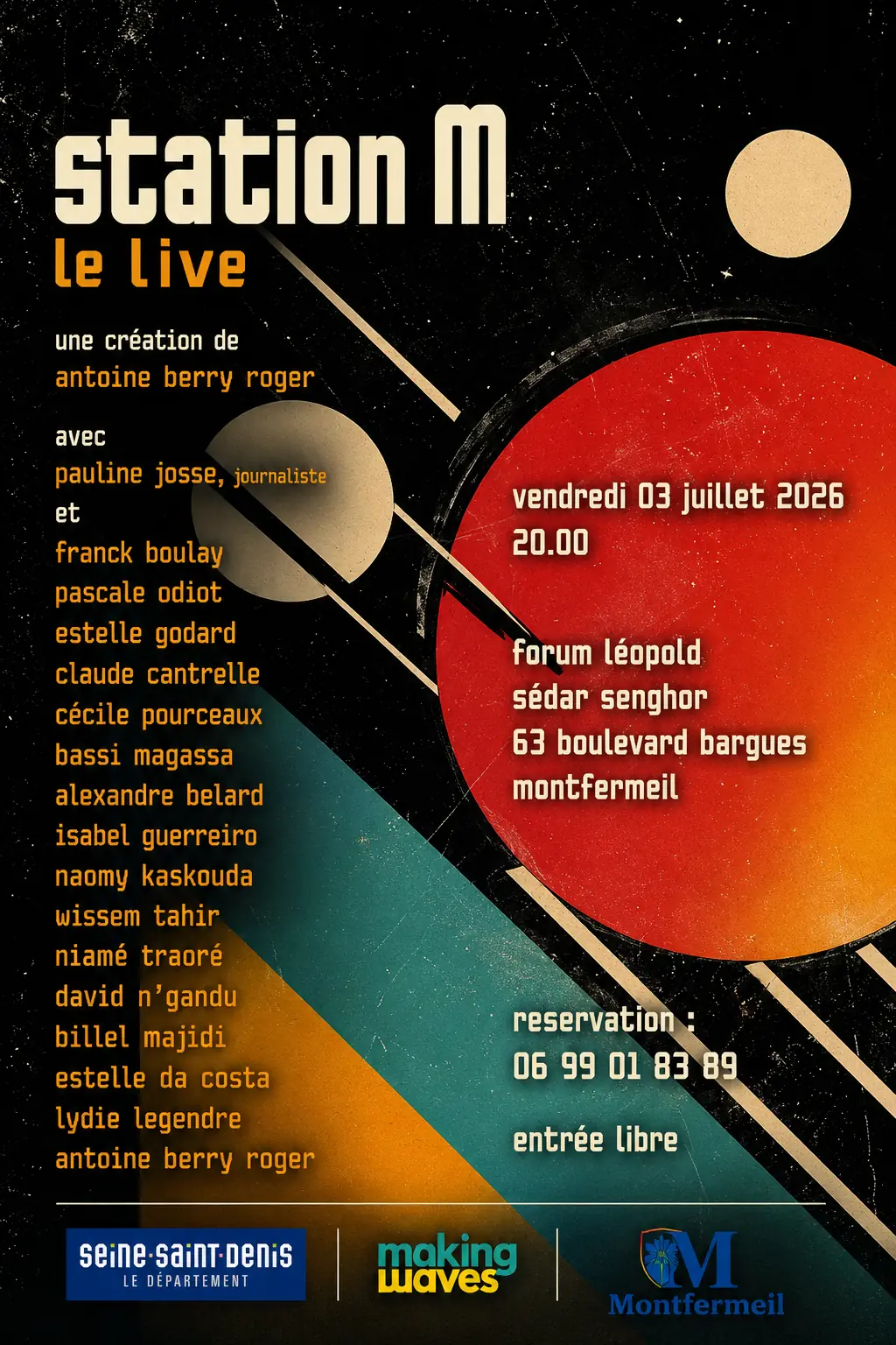 Affiche de STATION M : planètes orange, rouges et ocre sur fond noir, distribution et informations pratiques en colonne.
